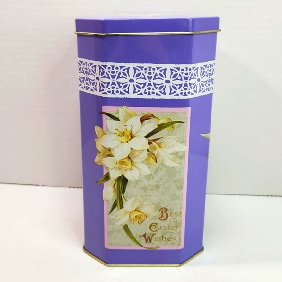 Easter Greetings Wishes Victorian Litho Printed Girl with Birds Tall Tin Box - Picture 7 of 14